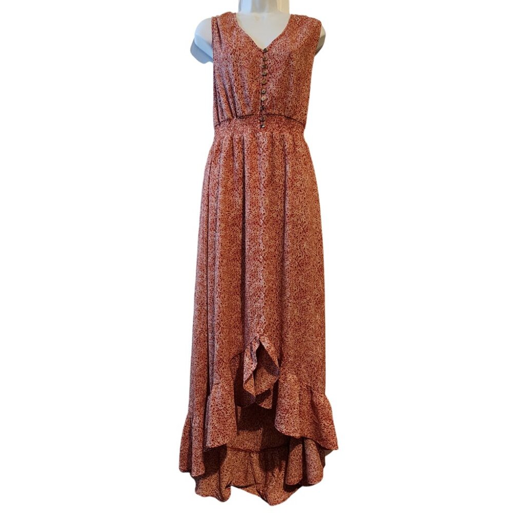 Preowned Threads & States Floral Hi-Low Dress – Size XL, Red-Orange